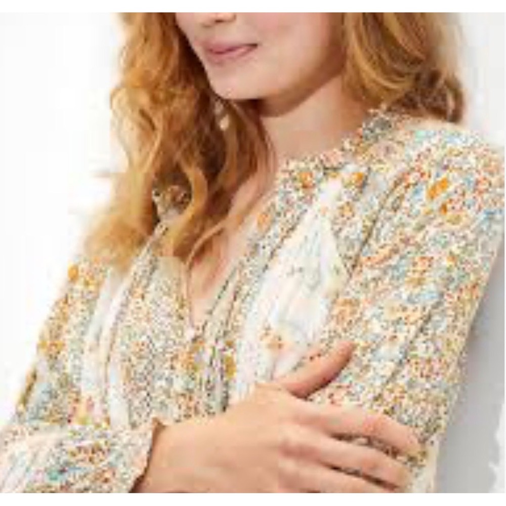 American Eagle Floral Lace Trim Peasant Blouse XXL Cream Orange Mixed Media